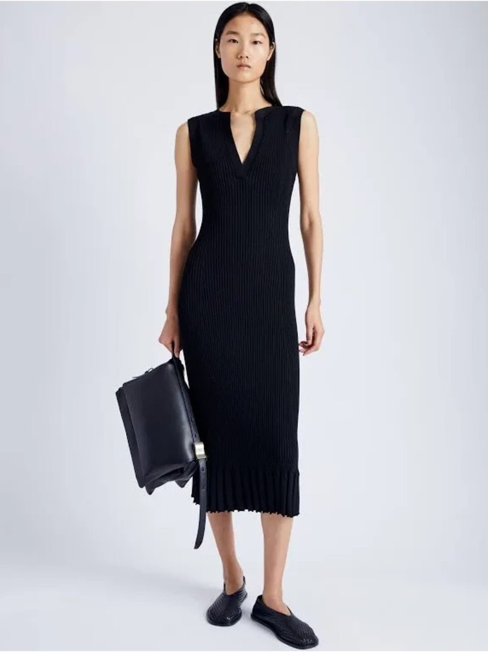 PROENZA SCHOULER Tatum Ribbed Knit V-Neck Midi Dress - Sleeveless Black - Large